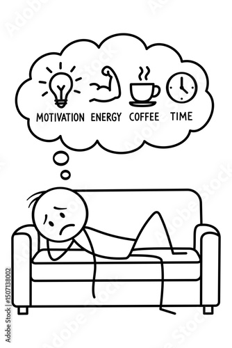 Depressed stick figure lounges on sofa, craving motivation and coffee. Represents procrastination, exhaustion, and lack of purpose in simple flat vector style.