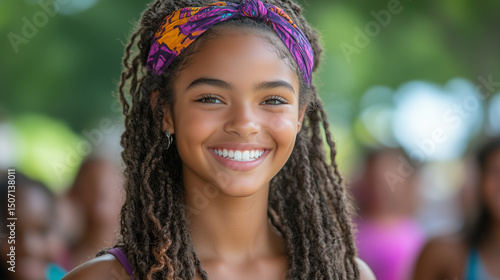 Joyful Black Girl With Beautiful Locs Smiling Brightly Against Blurred Group Background