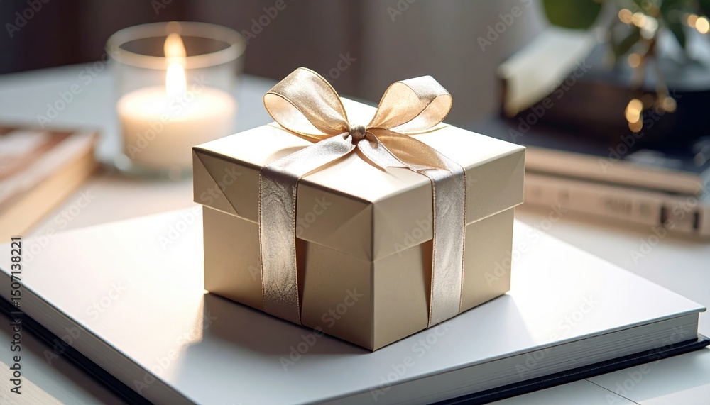 Elegant Gift Box with Satin Ribbon on a Cozy Table Setting Elegant Gift Box with Satin Ribbon on a Cozy Table Setting