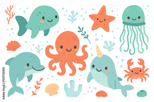 Set of cute cartoon sea animals including dolphin, whale, narwhal, octopus, crab, jellyfish, and starfish. Fun underwater vector collection for kids, baby, or summer themes