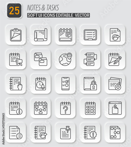 Neumorphic vector icons set of notes and tasks for user interface design and mobile app development