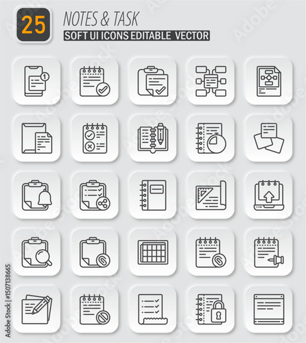 Notes and Tasks: Soft UI Icons Editable Vector Set for Design and Interface Applications
