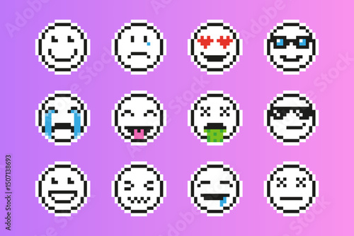 Collection set of pixel art white emoticons with various emotions faces in pixel 8 bit style, icons set vector illustration on isolated background.