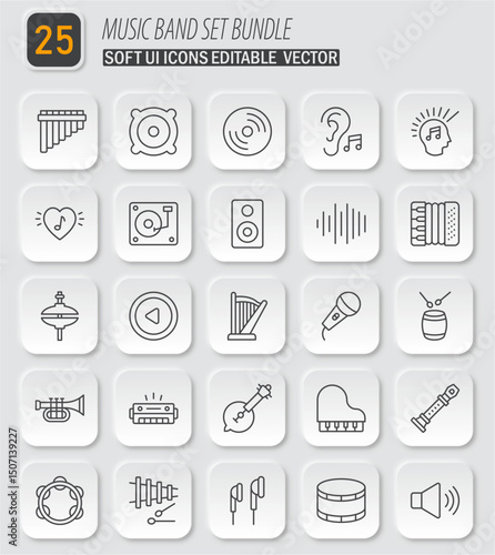 Music Band Set Bundle: Soft UI Editable Vector Icons Collection for Musical Instruments and Audio Equipment Designs