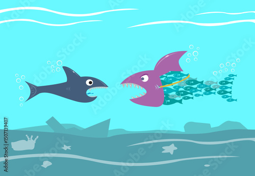 Shark Attack in  Disguise. Strength in Numbers or Team Work Concept. Editable Clip Art.