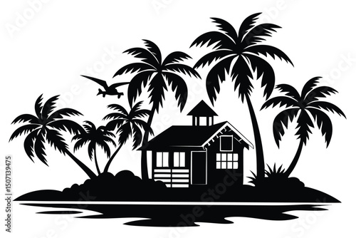 Silhouette of a Tropical Island with Palm Trees, Cabin, and a Bird