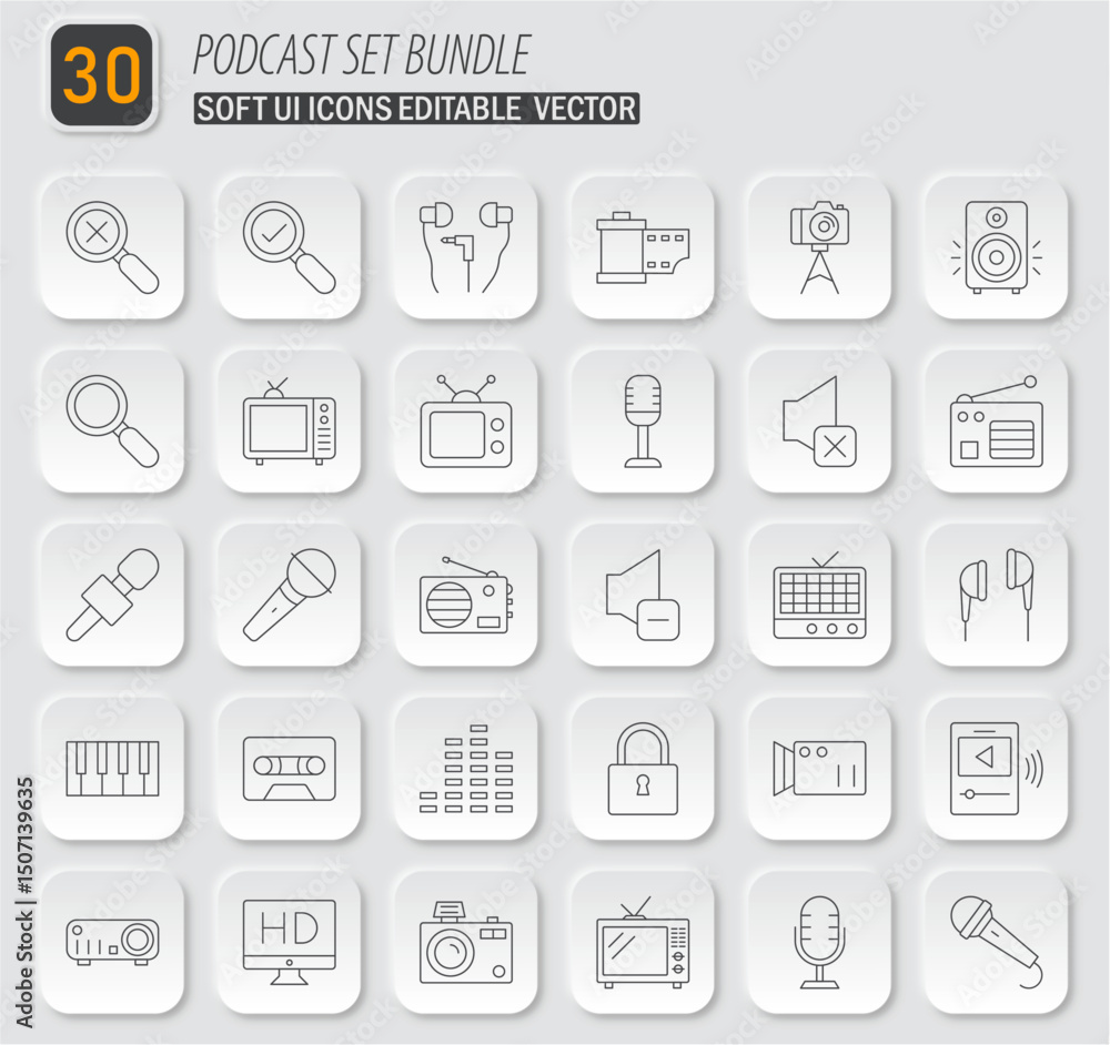 Neumorphic Podcast Set Bundle Icon Pack for Audio and Video Production Applications and Software Neumorphic Podcast Set Bundle Icon Pack for Audio and Video Production Applications and Software