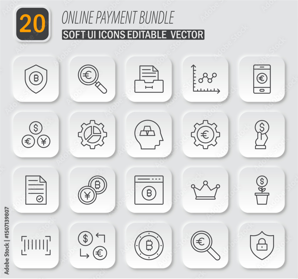 Collection of soft ui icons for online payment bundle and digital transactions, editable vector design for various applications Collection of soft ui icons for online payment bundle and digital transactions, editable vector design for various applications