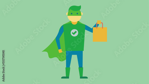 Eco Warrior Shopping Bag A superhero character holding an oversized reusable shopping bag filled with ecofriendly goods capturing the spirit of green shopping.