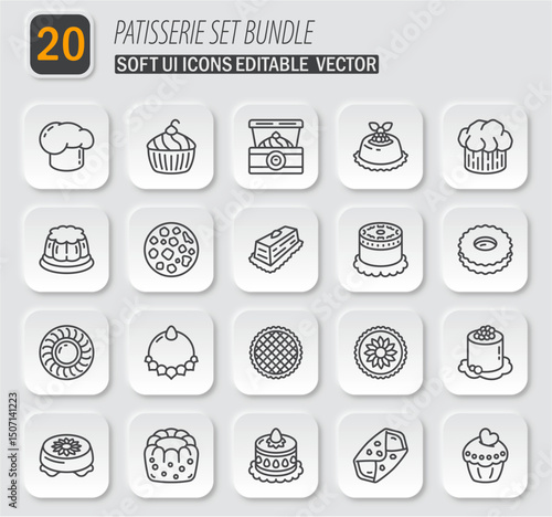 Patisserie set bundle: Vector icons of culinary treats, pastries, and baked goods for a modern patisserie menu and design