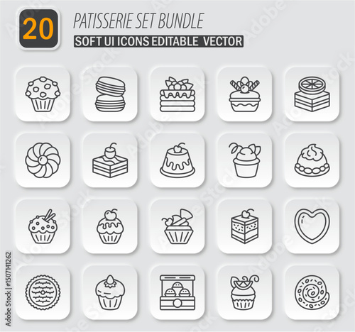 Patisserie set bundle showcasing soft ui icons with editable vectors for various sweet pastry and dessert designs