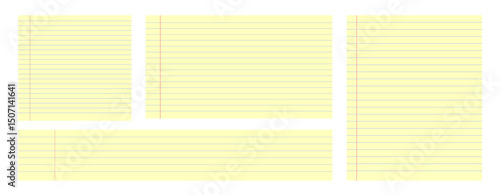 Legal yellow paper set with sheets of notepad with ruled line designs, ideal for notes, school, or office use. Clean and simple layout for digital or print projects. Collection of vector illustrations