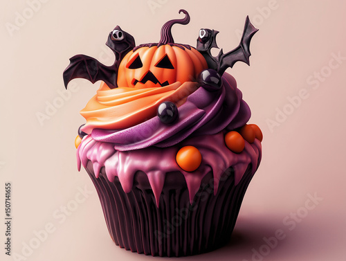 Wallpaper Mural A spooky yet cute Halloween cupcake featuring a jack-o'-lantern pumpkin, bats, and vibrant purple and orange frosting Torontodigital.ca
