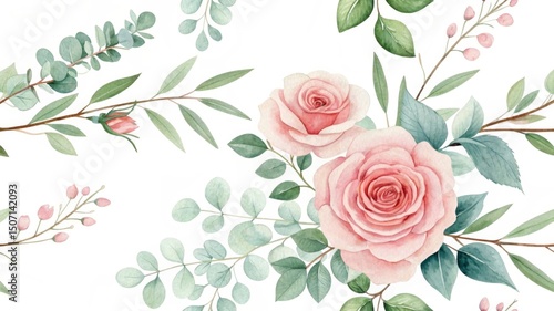 Minimalist floral pattern with watercolor roses and eucalyptus branches Floral illustration featuring pink roses and green leaves on a light background.