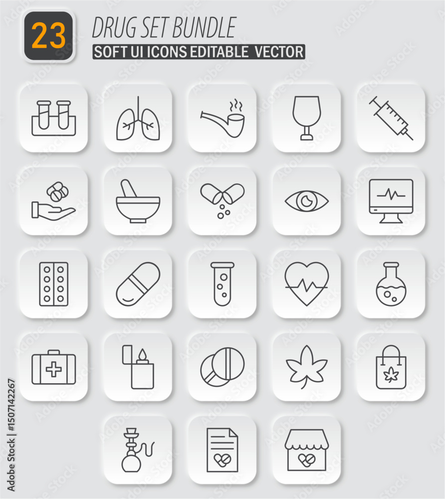 Drug set bundle of soft UI editable vector icons featuring medical supplies and healthcare elements for digital designs Drug set bundle of soft UI editable vector icons featuring medical supplies and healthcare elements for digital designs