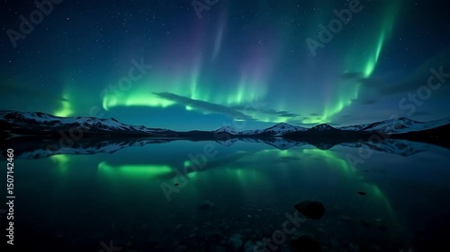 Wallpaper Mural A scenic view of the aurora borealis over a calm lake reflecting the lights and snow capped mountains 4k video Torontodigital.ca