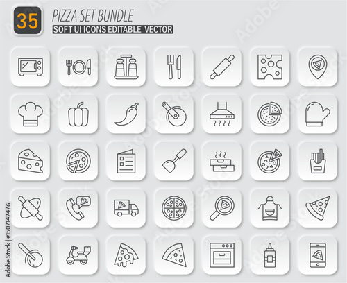 Neumorphic Pizza Icons Set: A Collection of Minimalist Outlined Symbols for Food, Cooking and Delivery
