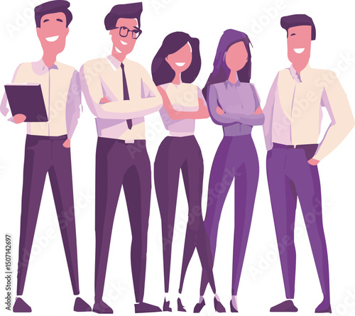 Diverse young business people and fashion women team standing in different poses, vector cartoon illustration.