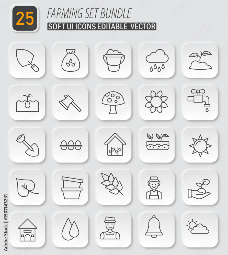Farming and agriculture icon set representing various aspects of agriculture and farming practices in a minimalist design Farming and agriculture icon set representing various aspects of agriculture and farming practices in a minimalist design