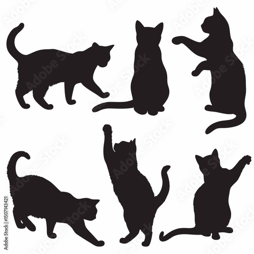 Black cat silhouette vector illustration featuring domestic animal in various poses and feline behavior art