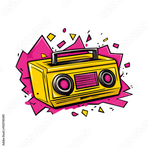 An energetic 90s vintage cartoon boombox bursting with bright yellow and hot magenta geometric patterns on a pure white background