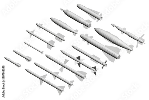 A series of missiles are shown in various sizes and shapes. Concept of military power and strength, as the missiles are arranged in a row and appear to be in motion. Isometric view. 3D
