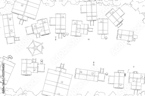 A white background with a bunch of buildings scattered around. The buildings are of different sizes and shapes, and some of them are empty. The image gives off feeling of chaos and disarray. Top view