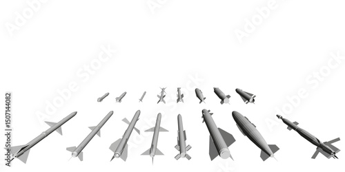 A collection of different types of missiles and bombs are shown in various sizes and shapes. Concept of military power and destruction, as these weapons are designed for warfare and destruction