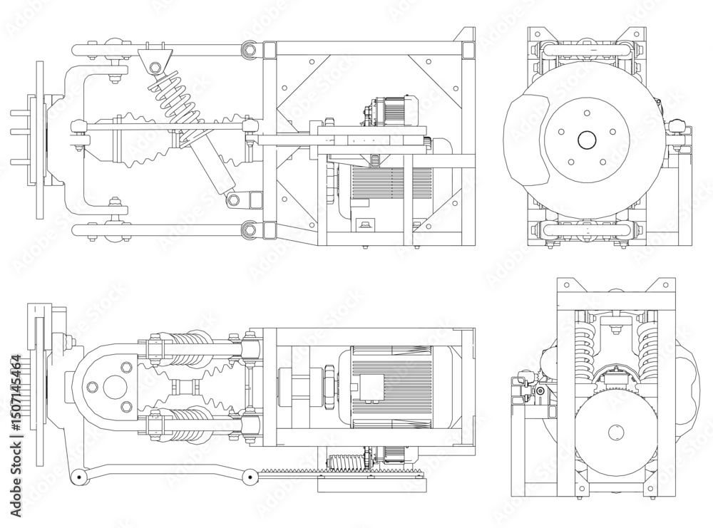 Obraz premium A drawing of a machine with a wheel and a gear. The drawing is in black and white
