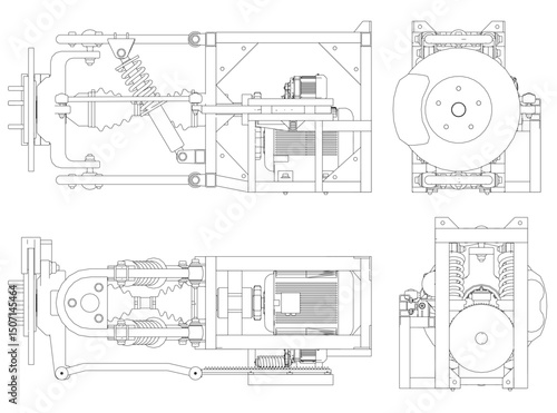 A drawing of a machine with a wheel and a gear. The drawing is in black and white