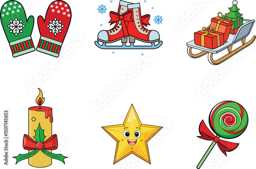 set of christmas icons Cute Holiday Cartoon Vector Elements Xmas Icons Winter Decor bundle new 2025 trendy unique