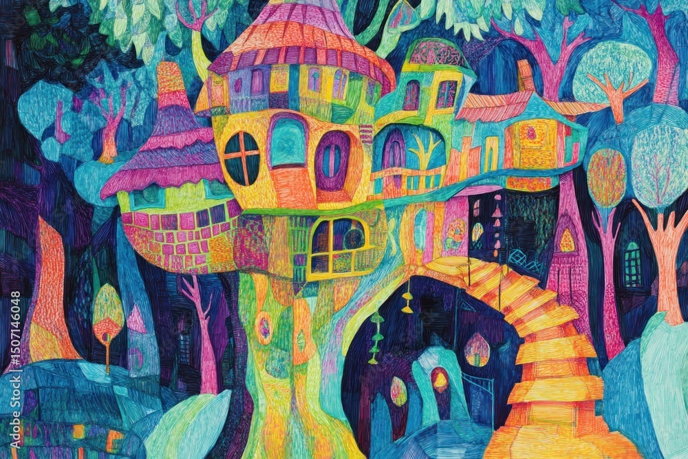 Obraz premium Colorful whimsical treehouse nestled in a mystical forest