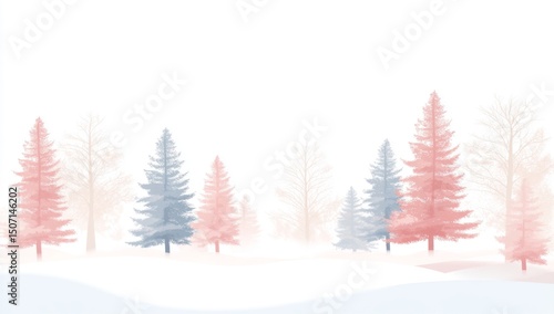 Abstract winter forest landscape background with trees in pastel colors on a white background, vector illustration. Wide banner with copy space area, simple flat design, minimalist, pastel color theme