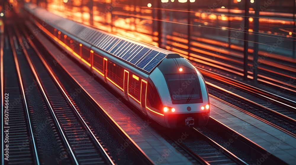 Fototapeta premium Modern train at sunset on railway tracks.