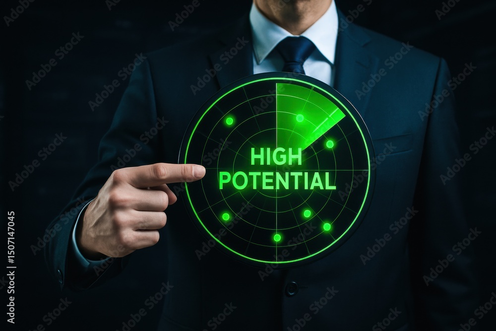 Fototapeta premium A business professional highlights the concept high potential and strategic growth emphasizing decision-making and innovation to drive success in competitive environments