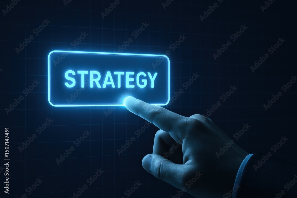 A pressing a glowing strategy button highlights the importance decision-making and innovation to drive business growth and success A pressing a glowing strategy button highlights the importance decision-making and innovation to drive business growth and success
