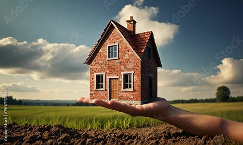 Dream Home in Hand Rural Landscape Brick House Real Estate Property
