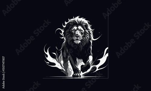 Angry lion vector, lion head illustration, black and white lion vector