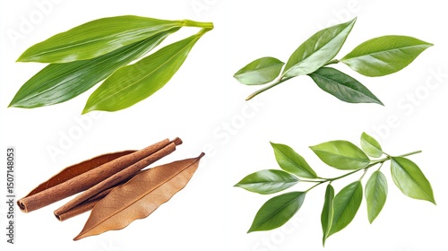 Four isolated images of vibrant green leaves and cinnamon sticks