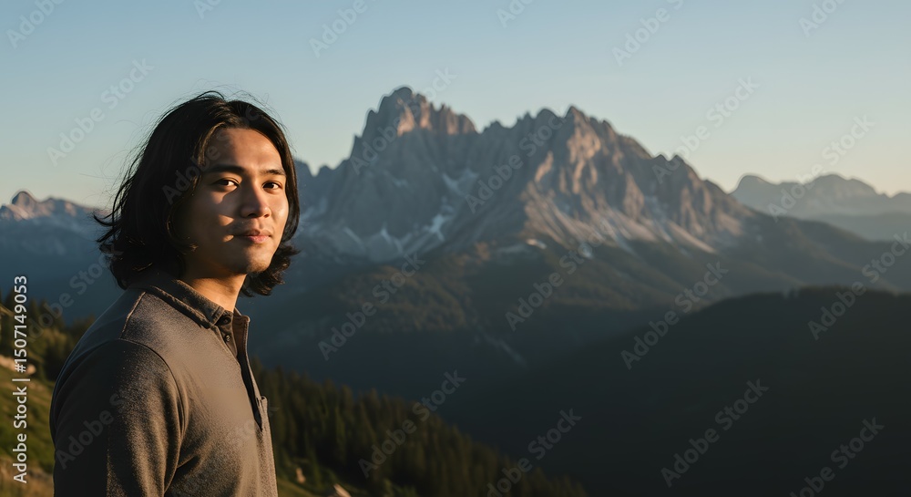 Naklejka premium Serene Man Gazing at Majestic Mountain Range during Golden Hour Breathtaking Landscape Photography