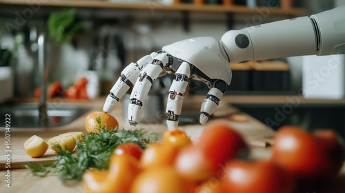AI-powered robotic arm assisting in an elderly person’s kitchen