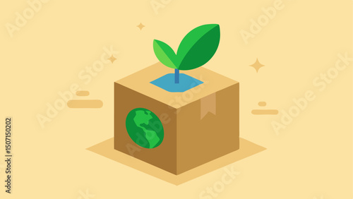 EcoFriendly Box An illustration of a cardboard box adorned with a green leaf symbol representing ecofriendly packaging with a small globe in the background.