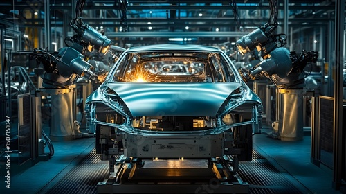 Futuristic Automotive Factory Robotic Welding Symphony Seamlessly Assembling Car Bodies