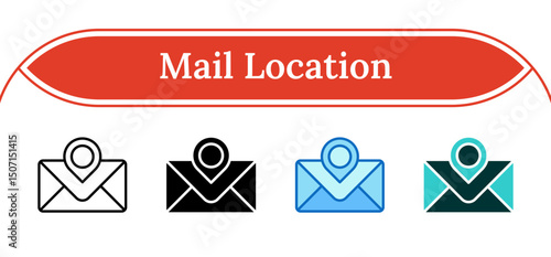 Mail Location - Multi Style Outline, Glyph Silhouette, Blue, Dual Tone Icon - Envelope with location pin, symbolizing physical mailing address