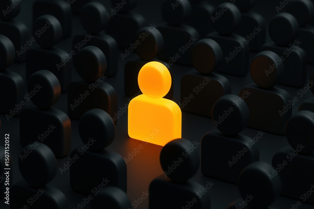 Fototapeta premium Stand Out From The Crowd Concept Featuring a Glowing Yellow Figure Among Dark Figures Symbolizing Individuality and Leadership in a Modern Style
