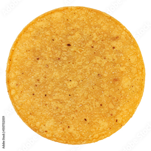 Isolated round tortilla chip close up for snack food photography and mexican cuisine design elements use case on transparent background