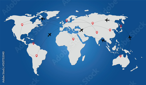 Airplane flight path with red destination and dotted line. Dotted line path on world map background.