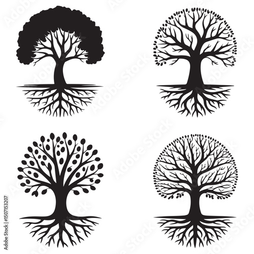 set of black vector family tree silhouette with interconnected branches and roots	