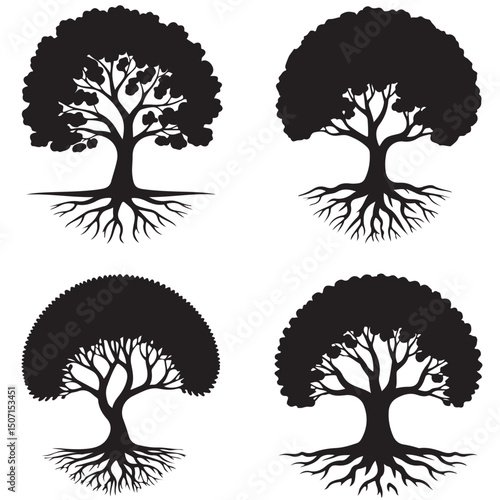 set of black vector family tree silhouette with interconnected branches and roots	