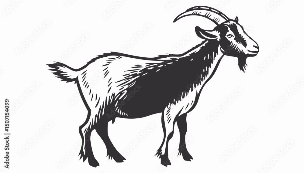 Black and White Goat Illustration, Farm Animal Drawing Black and White Goat Illustration, Farm Animal Drawing